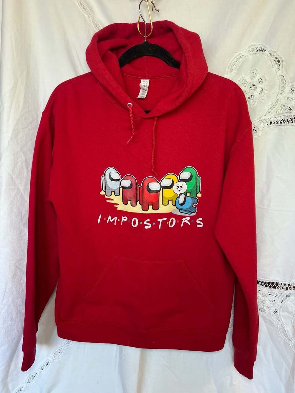 Among Us Impostors Friends Parody Red Graphic Hoodie Size Medium